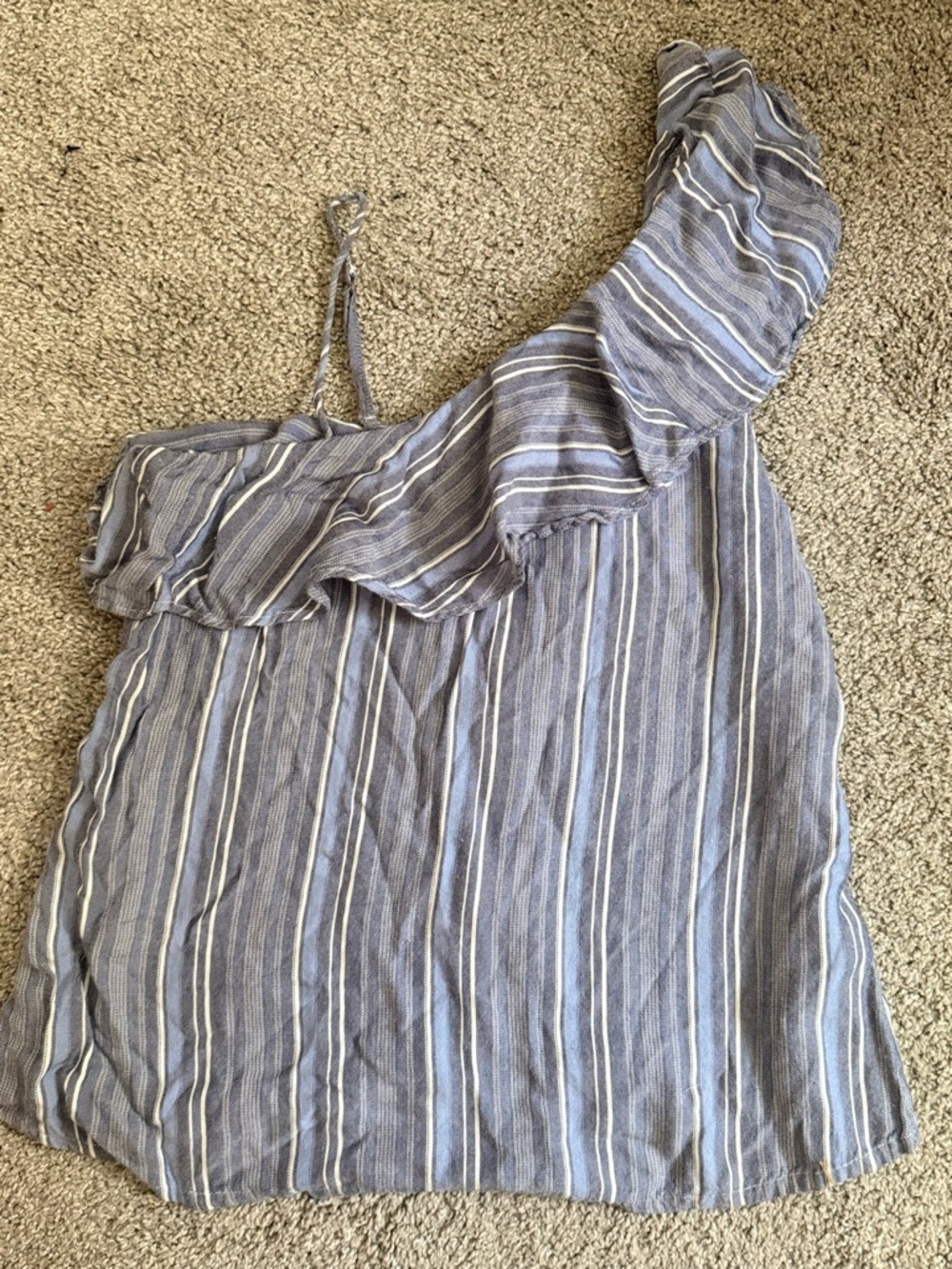 Hollister Blue and White Striped One-Shoulder Ruffle Top